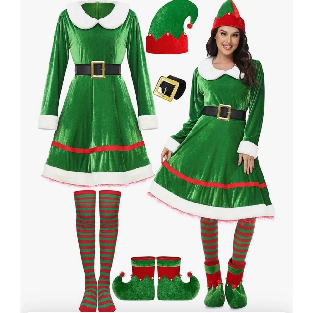 Christmas Elf Costume Set Green Velvet Dress Hat Belt Socks Shoes Women Large